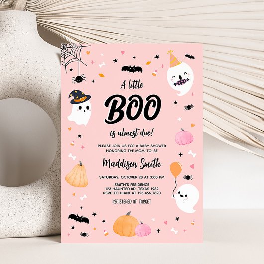 Invitation Petit Baby shower Boo d'Halloween rose