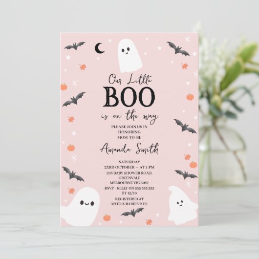 Invitation Petit Baby shower Boo d'Halloween rose moderne (Debout devant)