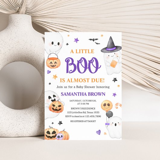 Invitation Petit Baby shower Boo Halloween Ghost violet