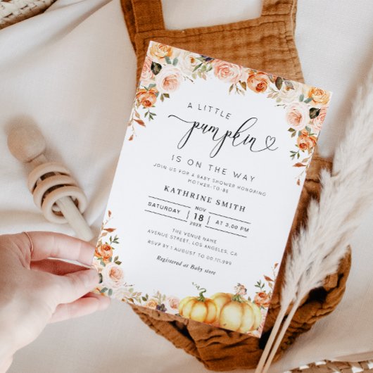 Invitation petit baby shower citrouille à fleurs d'or