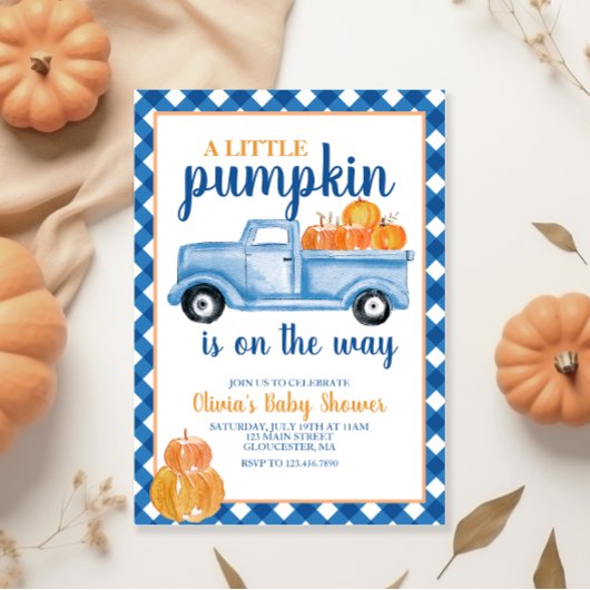 Invitation Petit Baby shower Citrouille Camion bleu Automne
