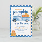 Invitation Petit Baby shower Citrouille Camion bleu Automne (Debout devant)