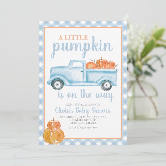 Invitation Petit Baby shower Citrouille Camion bleu Automne (Debout devant)