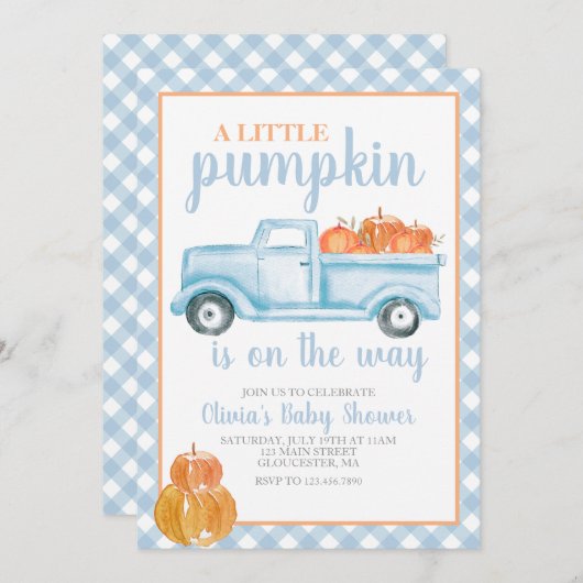 Invitation Petit Baby shower Citrouille Camion bleu Automne (Devant / Derrière)