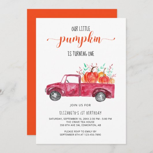Invitation Petit Baby shower Citrouille Camion Rouge Automne (Devant / Derrière)