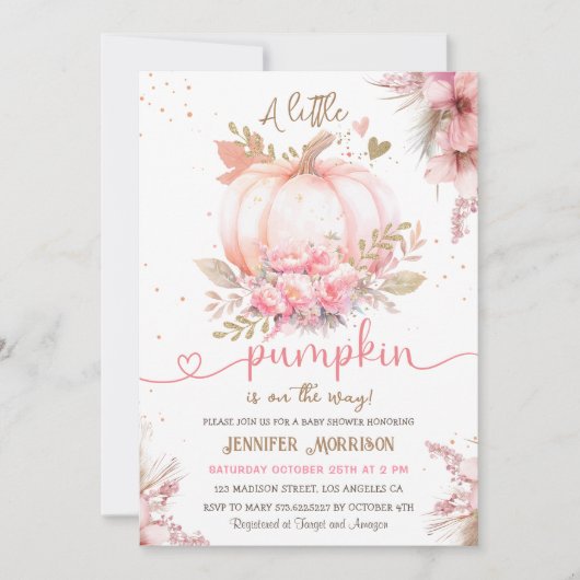 Invitation Petit Baby shower Citrouille Fille rose Automne Au (Devant)
