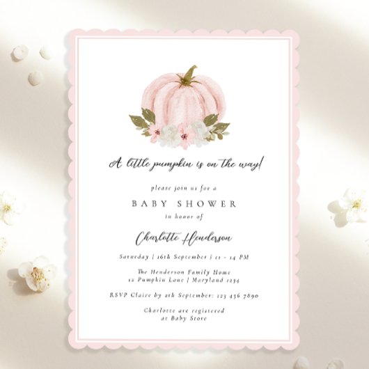 Invitation Petit Baby shower Citrouille rose Floral