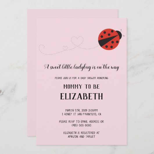Invitation Petit baby shower de coccinelle doux (Devant / Derrière)