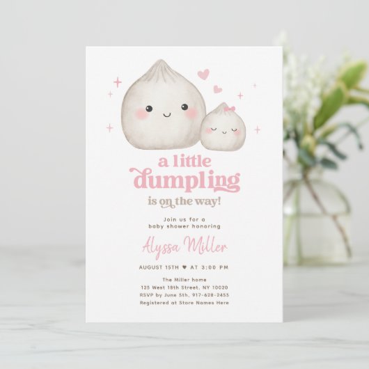 Invitation Petit Baby shower de Dumpling rose doux (Debout devant)