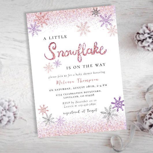 Invitation Petit Baby shower de fille d'hiver rose flocon de 