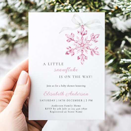 Invitation Petit Baby shower de fille rose de flocon de neige
