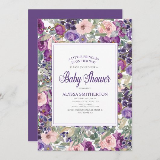 Invitation Petit Baby shower de fille rose violet (Devant / Derrière)