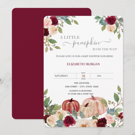 Invitation Petit Baby shower de fleurs de Bourgogne Citrouill (Devant / Derrière)