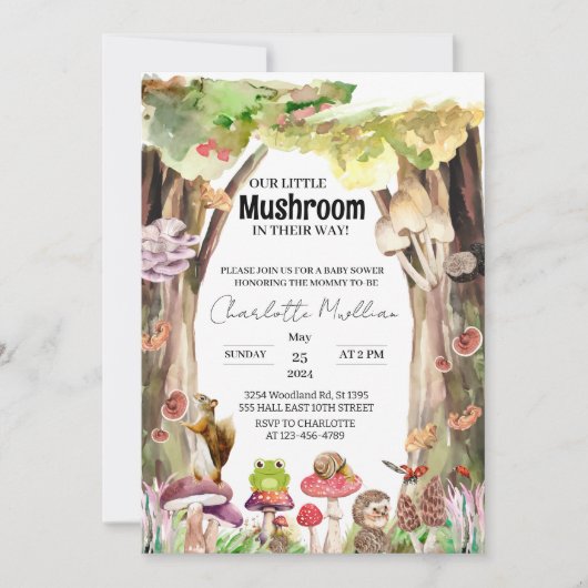 Invitation petit baby shower de forêt de champignons (Devant)