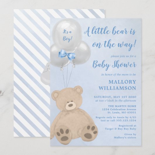 Invitation Petit Baby shower de garçon de l'ours (Devant / Derrière)