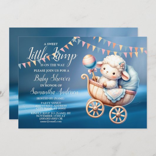 Invitation Petit Baby shower de Lampe Douce Bleu Belle (Devant / Derrière)