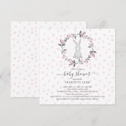 Invitation Petit Baby shower de lapin doux (Devant / Derrière)