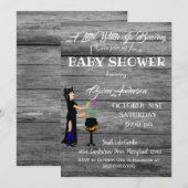 Invitation Petit Baby shower de sorcière gris en bois rustiqu (Devant / Derrière)