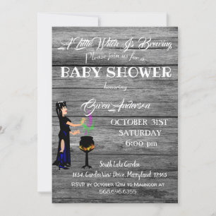 Invitation Petit Baby shower de sorcière gris en bois rustiqu