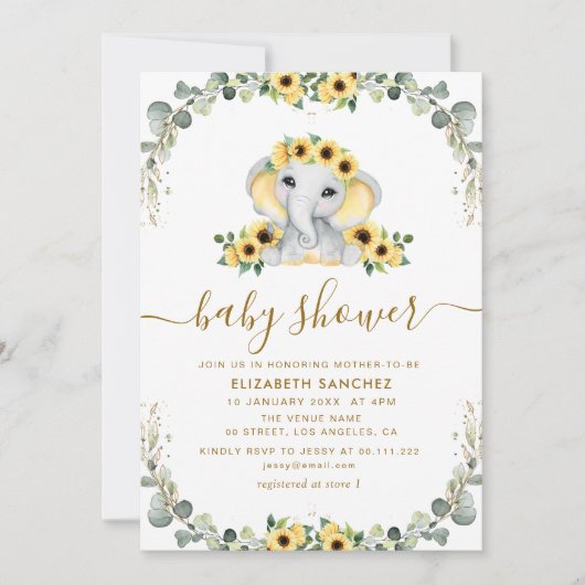 Invitation petit baby shower de tournesol d'eucalyptus d'élép (Devant)