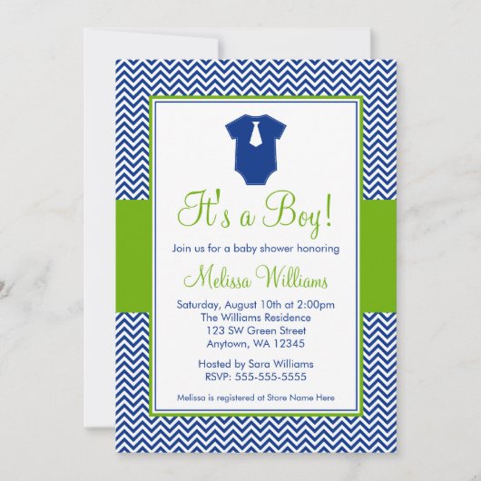 Invitation Petit baby shower de vert bleu de Chevron d'homme (Devant)