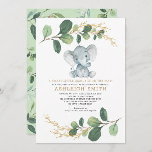 Invitation Petit Baby shower d'éléphant doux et verdoyant