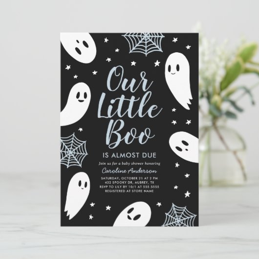 Invitation Petit Baby shower d'Halloween Bleu Boo (Debout devant)