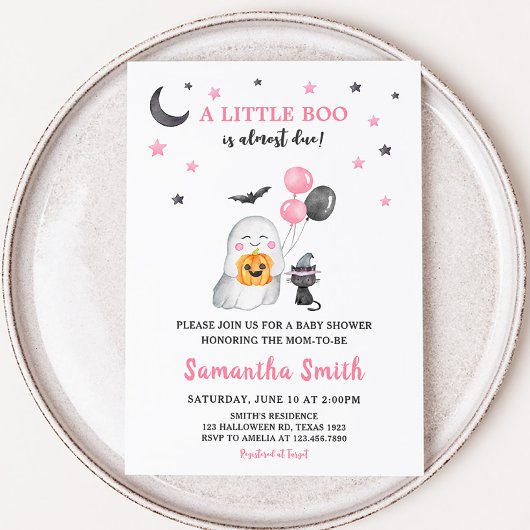 Invitation Petit Baby shower d'Halloween rose Boo