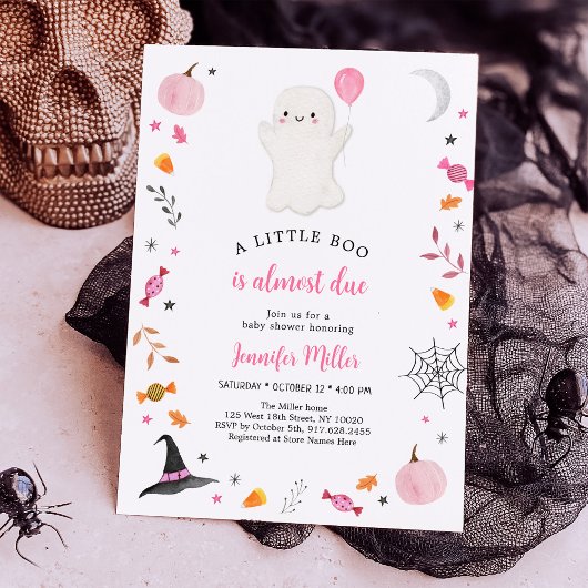 Invitation Petit Baby shower d'Halloween rose Boo