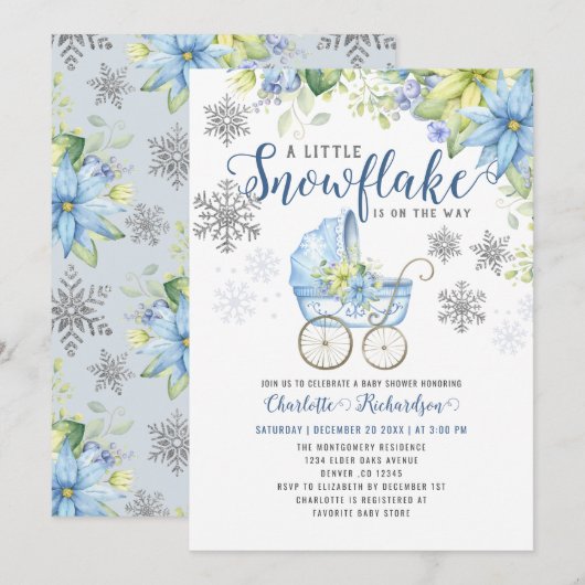 Invitation Petit Baby shower d'hiver floral bleu Snowflake (Devant / Derrière)