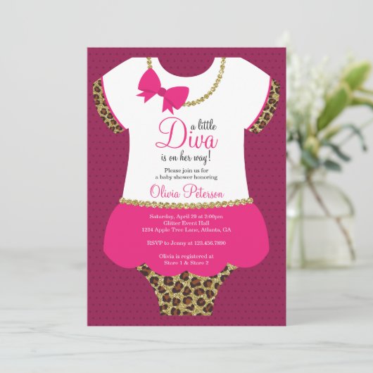 Invitation Petit Baby shower Diva Invitation, Cheetah, Faux G (Debout devant)