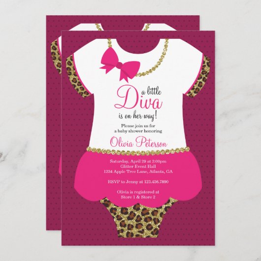 Invitation Petit Baby shower Diva Invitation, Cheetah, Faux G (Devant / Derrière)