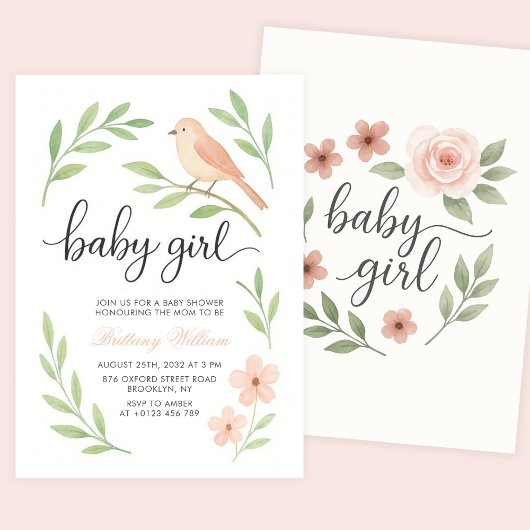 Invitation Petit Baby shower d'oiseau rose bébé fille