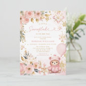 Invitation Petit Baby shower d'ours à fleurs rose (Debout devant)