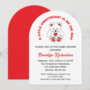 Invitation Petit Baby shower d'ours en peluche blanc rouge do