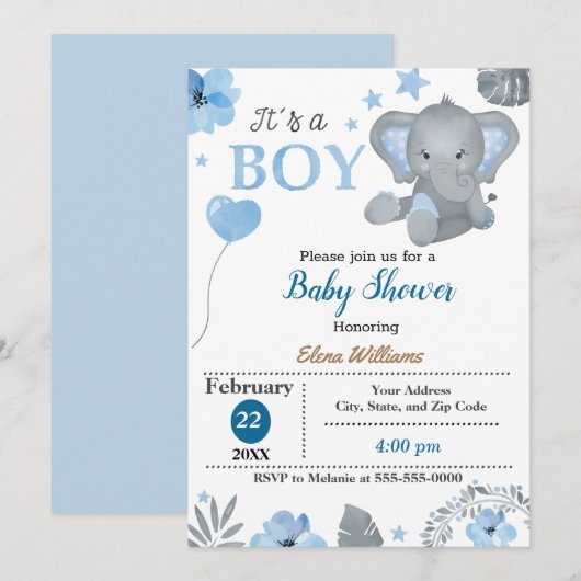 Invitation Petit Baby shower éléphant (Devant / Derrière)