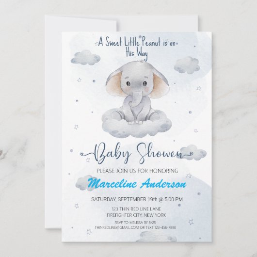 Invitation Petit Baby shower Eléphant d'arachide doux (Devant)