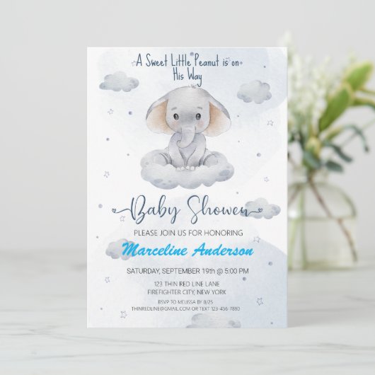 Invitation Petit Baby shower Eléphant d'arachide doux (Debout devant)