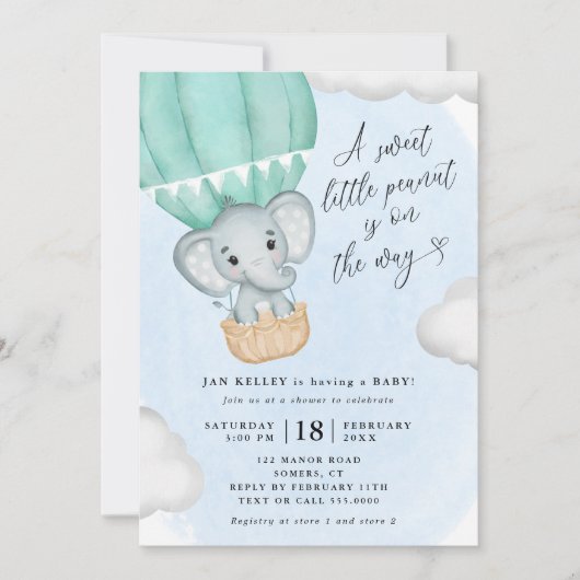 Invitation Petit Baby shower éléphant vert d'arachide (Devant)