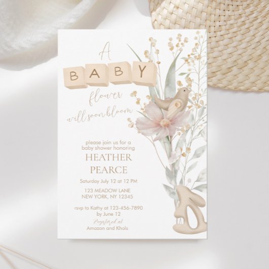 Invitation Petit Baby shower en bois fleuri