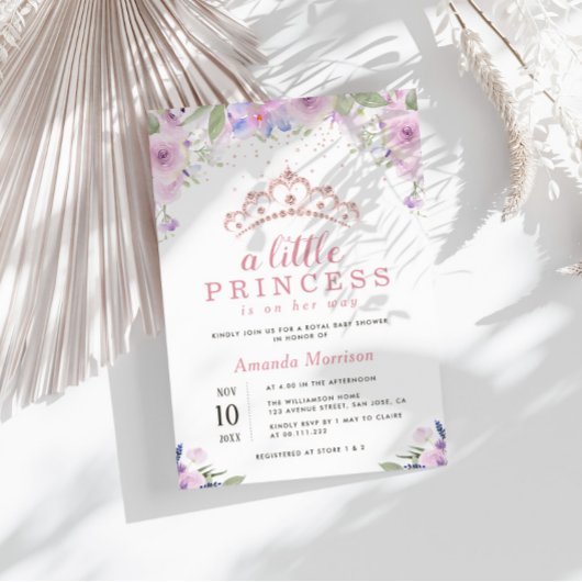 Invitation petit baby shower fleuri pourpre princesse