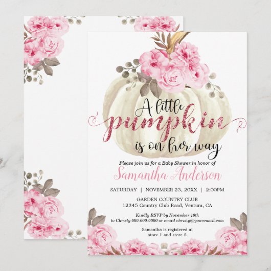Invitation Petit Baby shower Floral rose Citrouille blanc (Devant / Derrière)