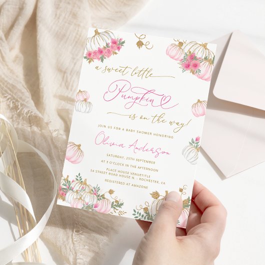 Invitation Petit Baby shower Floral Rose Citrouille fille