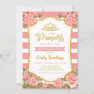 Invitation Petit Baby shower Floral Rose Couronne Or Princess