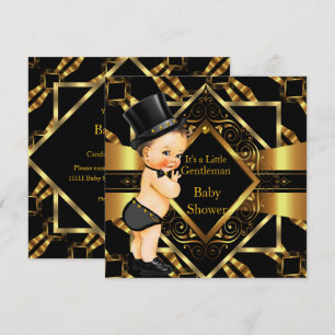 Invitation Petit Baby shower Gentleman Gold Black Brunette