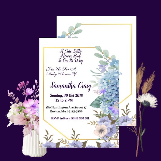 Invitation Petit Baby shower Hydrangea bleu doux