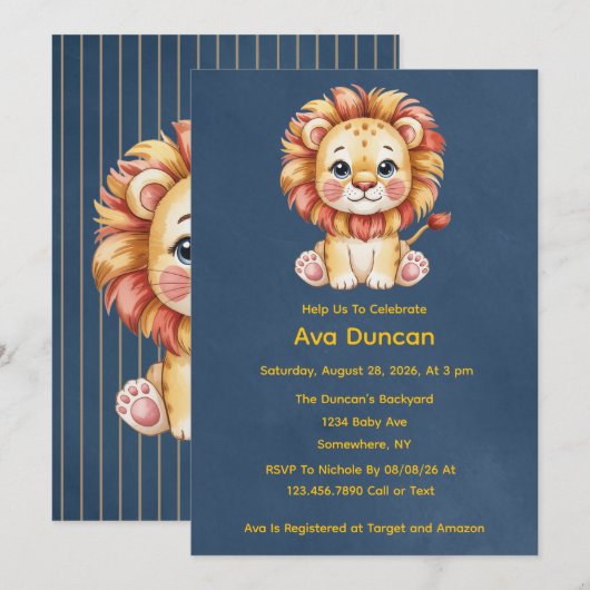 Invitation Petit Baby shower Lion Boy (Devant / Derrière)