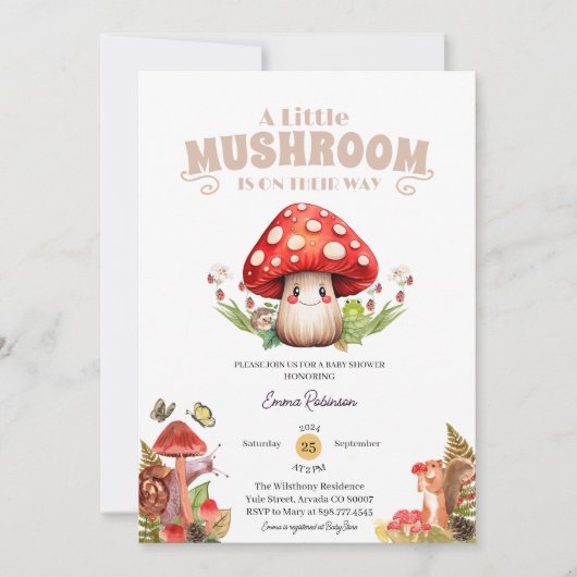 Invitation petit baby shower papillon de champignons (Devant)