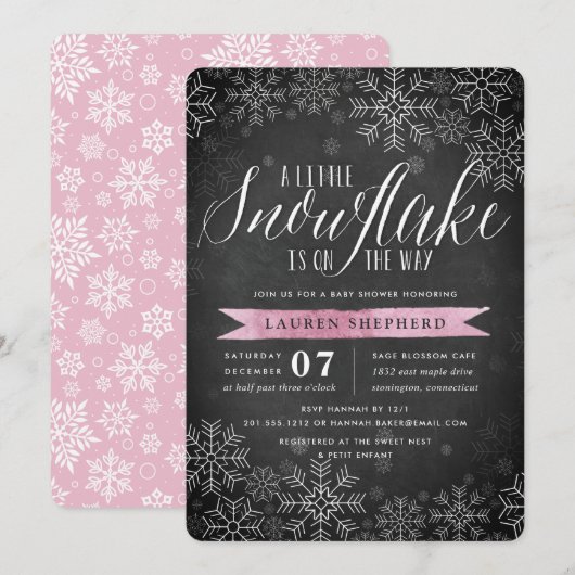 Invitation Petit Baby shower Pink Snowflake Chalkboard (Devant / Derrière)