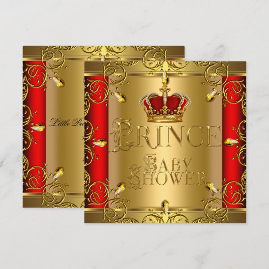 Invitation Petit Baby shower Prince Boy Red Gold Crown (Devant / Derrière)